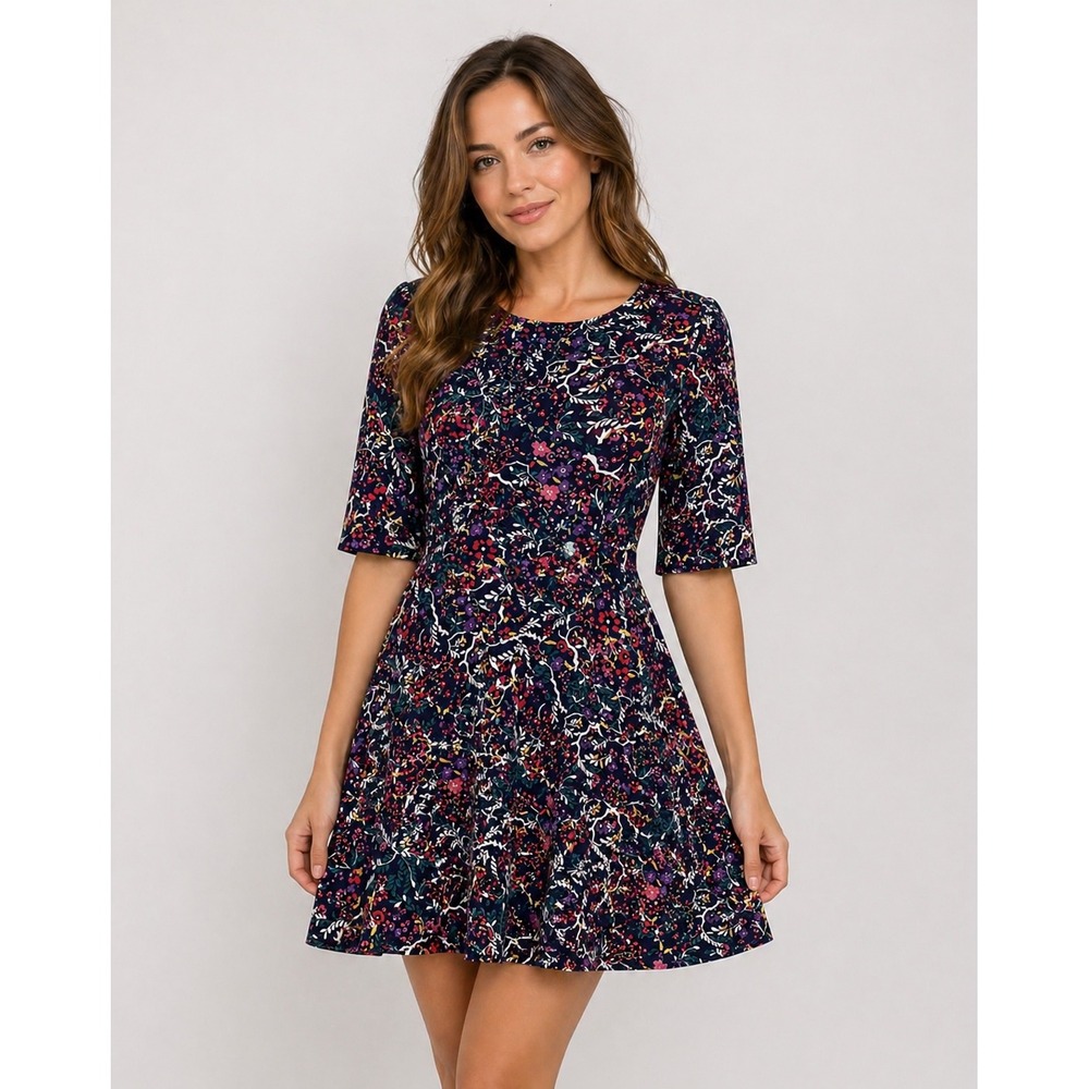 Saloni Floral Mini Dress Women Sz 8 Navy Blue Excellent Fit & Flare Elbow Sleeve